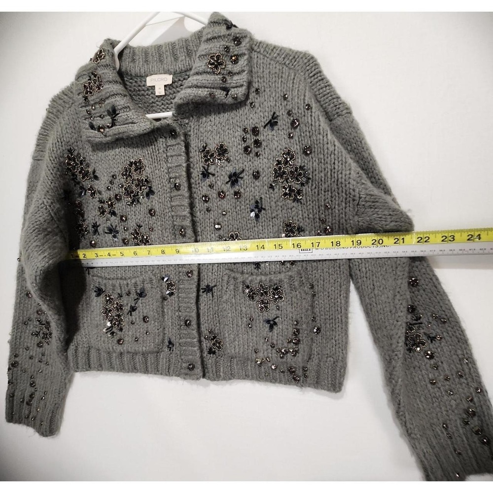 Anthropologie Pilcro Embellished Floral Collared Cardigan Sweater Gray XS Beaded - Picture 5 of 7
